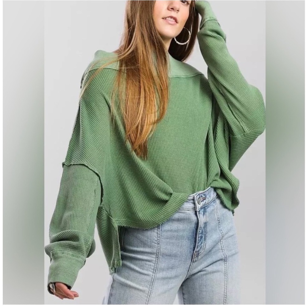 Free People Thermal Top Small Green Waffle Knit Off Shoulder Seam